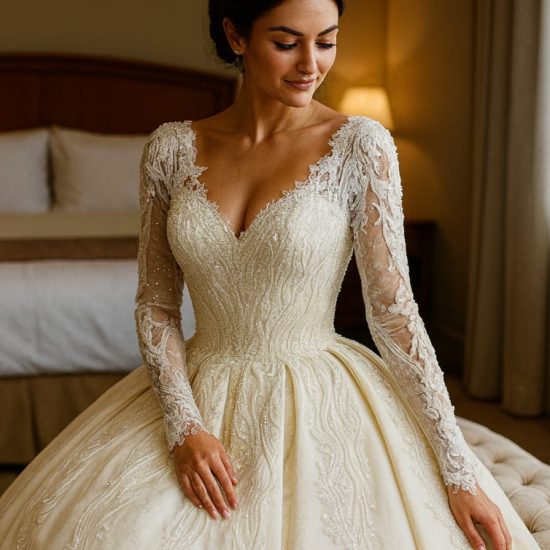 Prenses Model Pileli Uzun Kollu Dantel Gelinlik